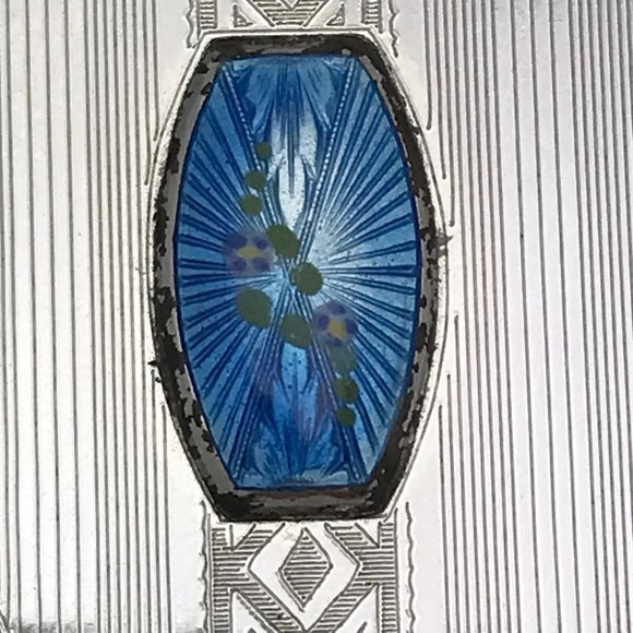 1920s Guilloche Enamel Silver Tone Compact - Picture 9 of 12